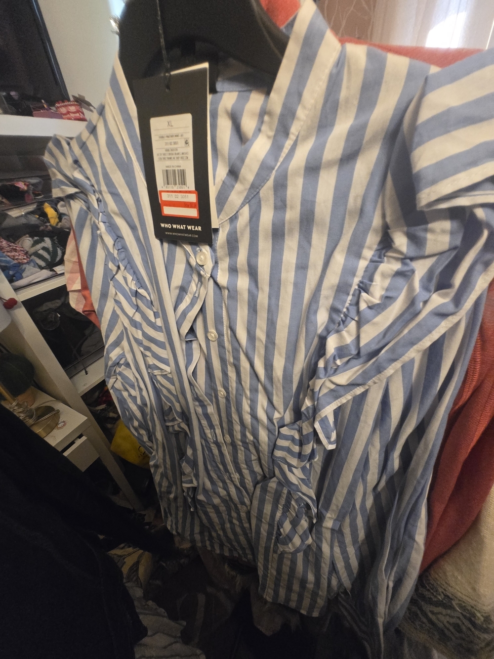 Who What Wear Women's Blue & White Vertical Stripe Button-Down Shirt